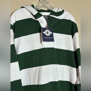 Men’s Charles River Rugby Hoodie, NWT, Green and White Stripes, Size Large